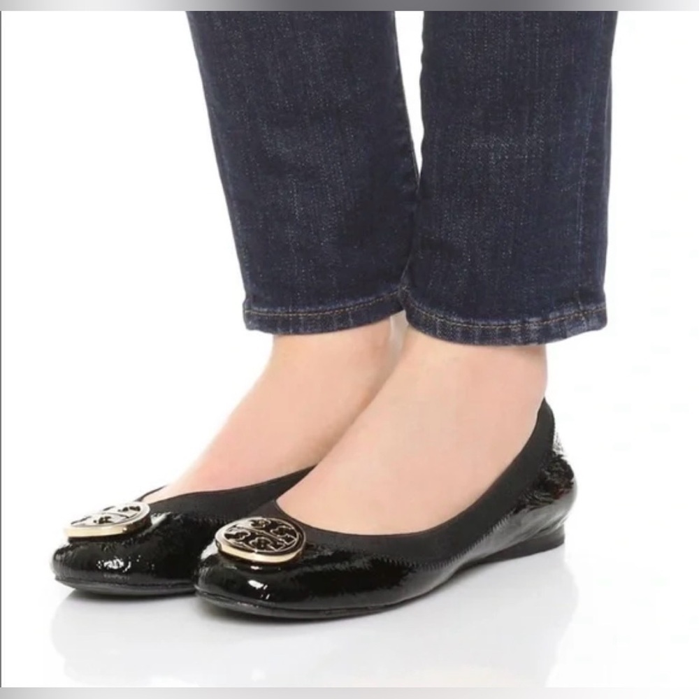 Tory Burch Black Patent Flats with Gold Emblem